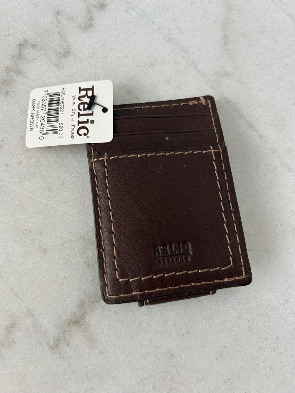 Relic Dark Brown Leather Slim Card Holder with Contrast Stitching